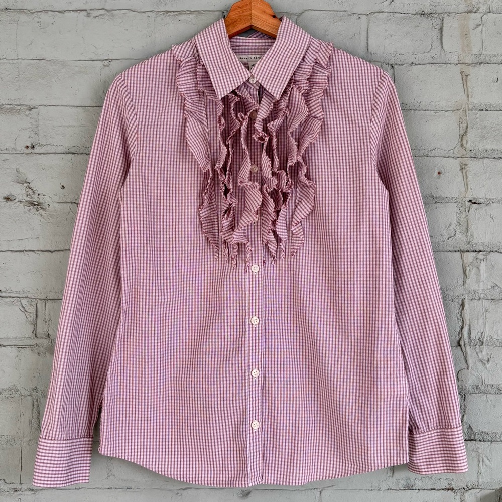 Ruffled Cotton Poplin Blouse in Burgundy and White Check